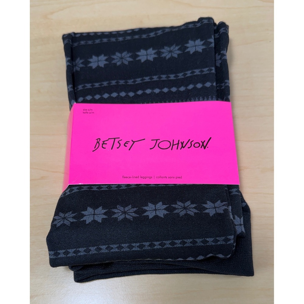 Betsey Johnson Fleece Lined Leggings Womens S/M Black Grey Snowflake Fair Isle‎